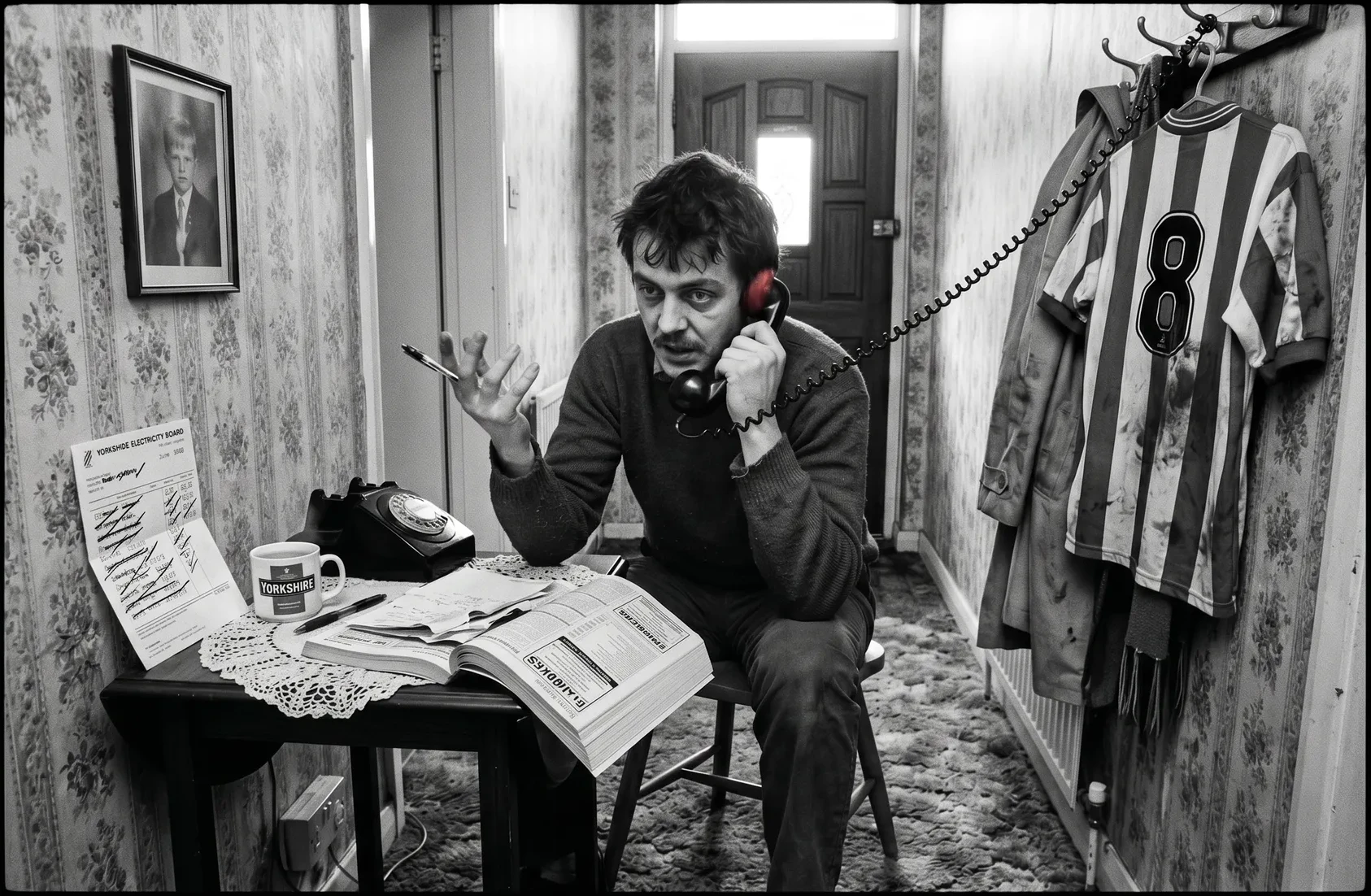 Same hallway, six hours later. Phone cord stretched across hallway, list nearly crossed out, tea gone, Barry hoarse and manic.