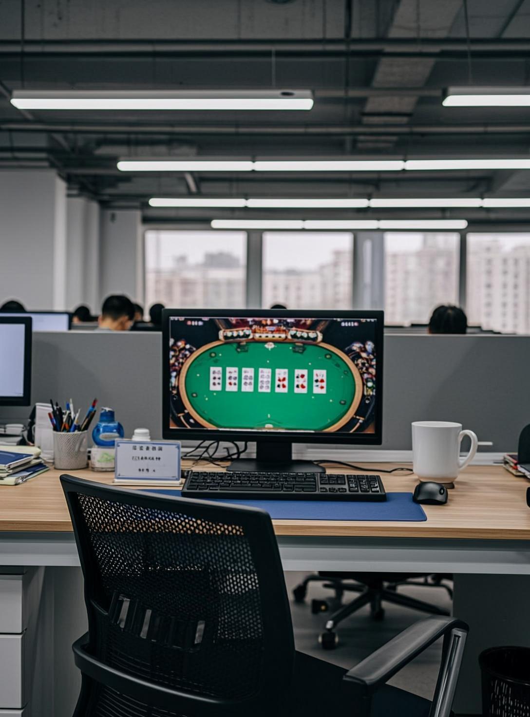 A modest office desk in Yuelu District, with a laminated name card and a computer monitor