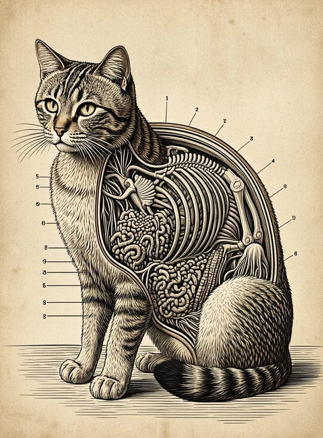 Vintage scientific anatomical illustration of a cat in sagittal cross-section, showing layered internal structure with callout marks.