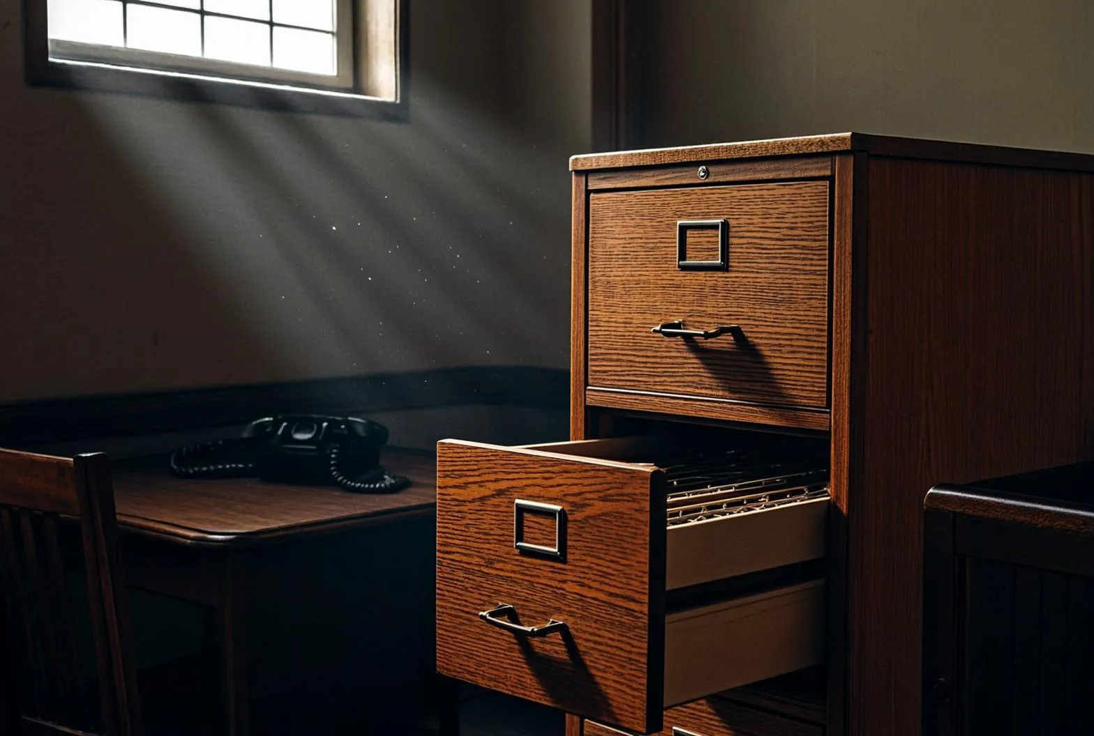 A wooden filing cabinet in a dim institutional office, lit by oblique late-afternoon light.