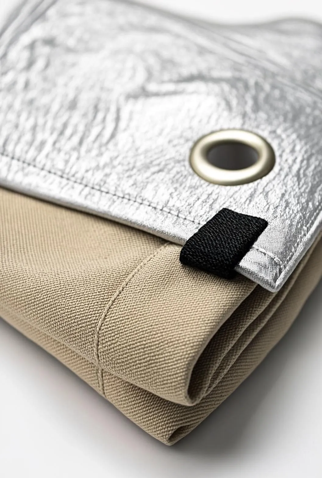 Macro product photograph of the aluminised garment fabric with a dorsal hook-and-loop closure strip and a flank ventilation grommet, on a white background.