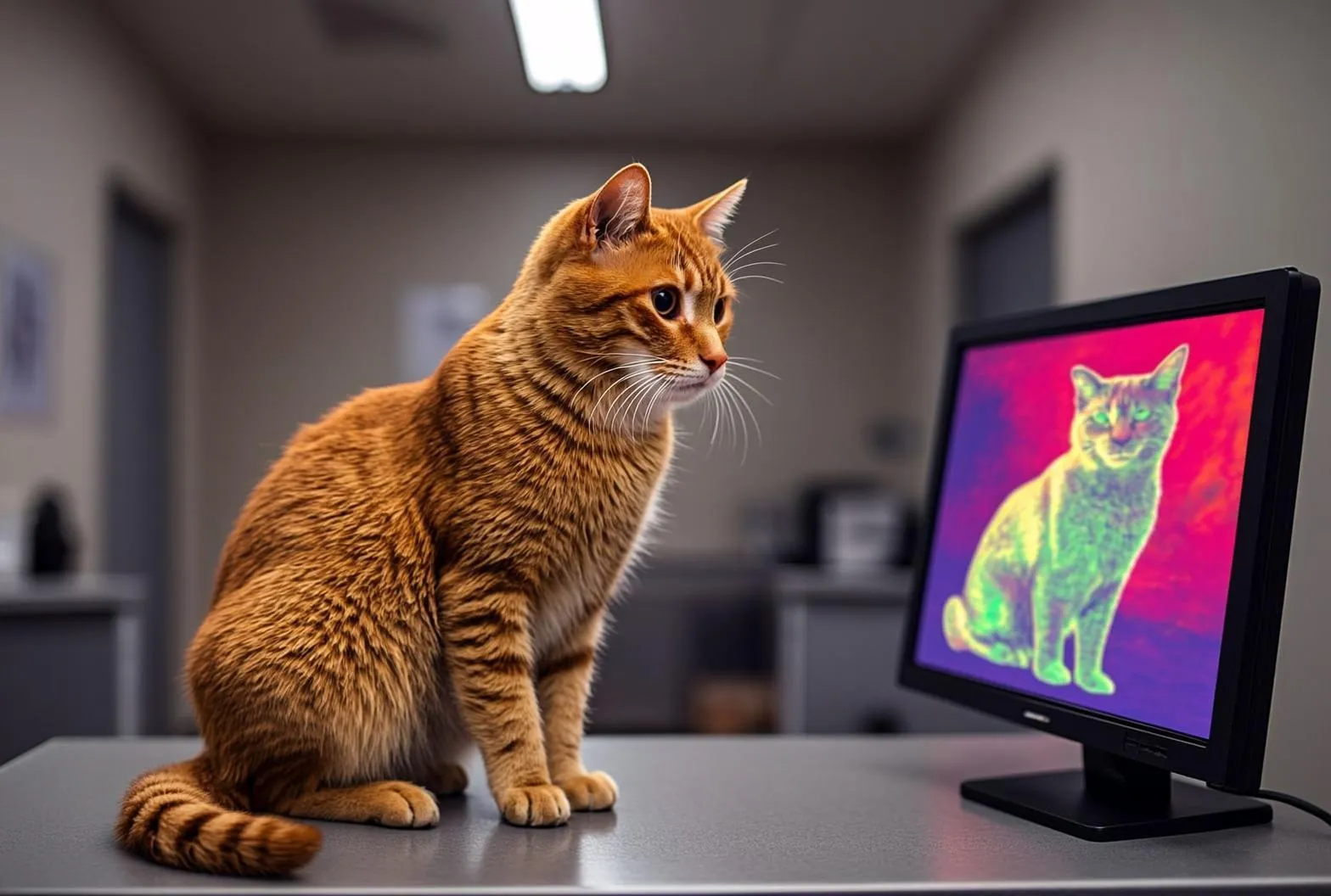 False-colour thermal image of a domestic cat in a bare room, facing a wall-mounted monitor that shows a matching cat-shaped heat signature.