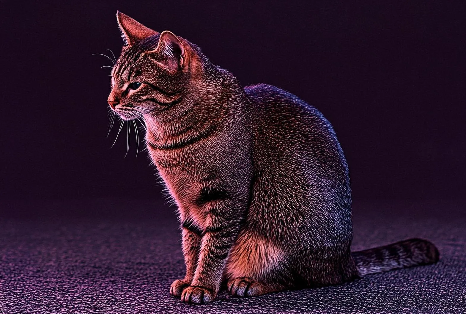 False-colour thermal image of a domestic cat at rest, showing a warm-toned core and cooler extremities.