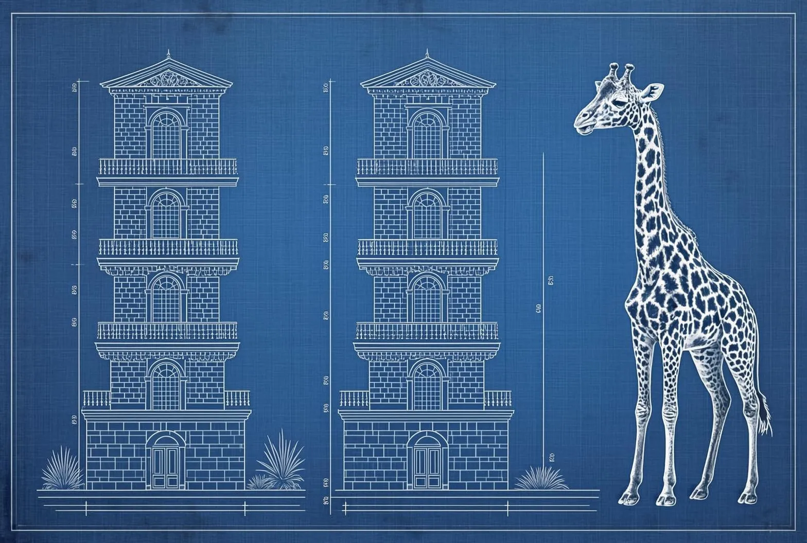 Vintage engineering blueprint drawing of a tall six-storey tower for housing a giraffe, with a small giraffe figure to scale beside it.