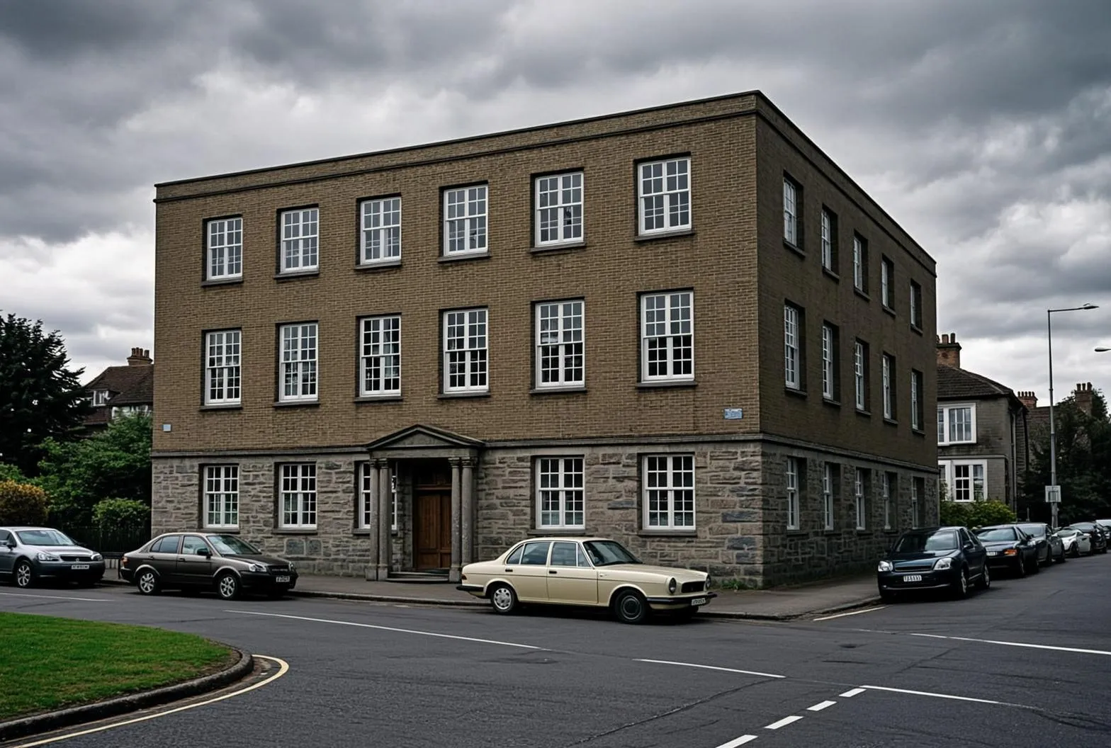 A modest 1970s three-storey provincial insurance office building in brown brick with a stone ground floor, under an overcast sky.
