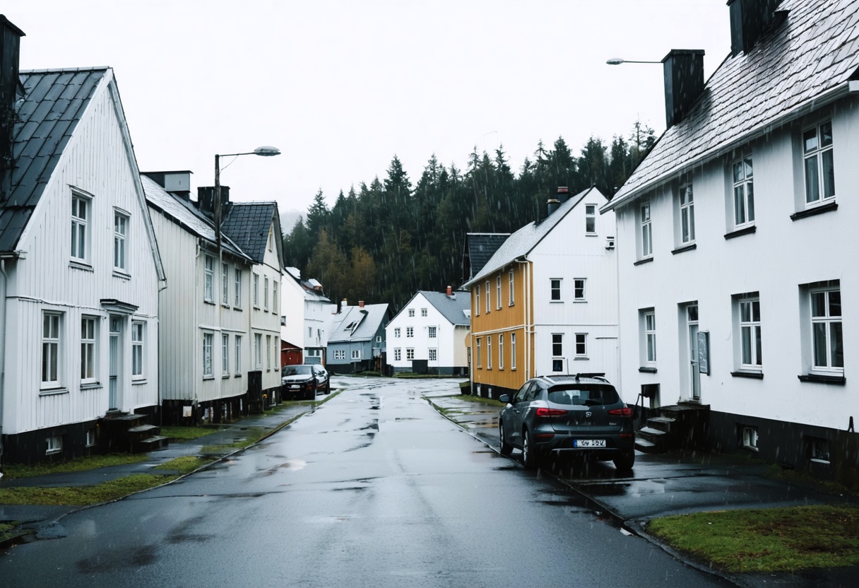 A residential street in Trondheim in light rain, photographed during the pilot
